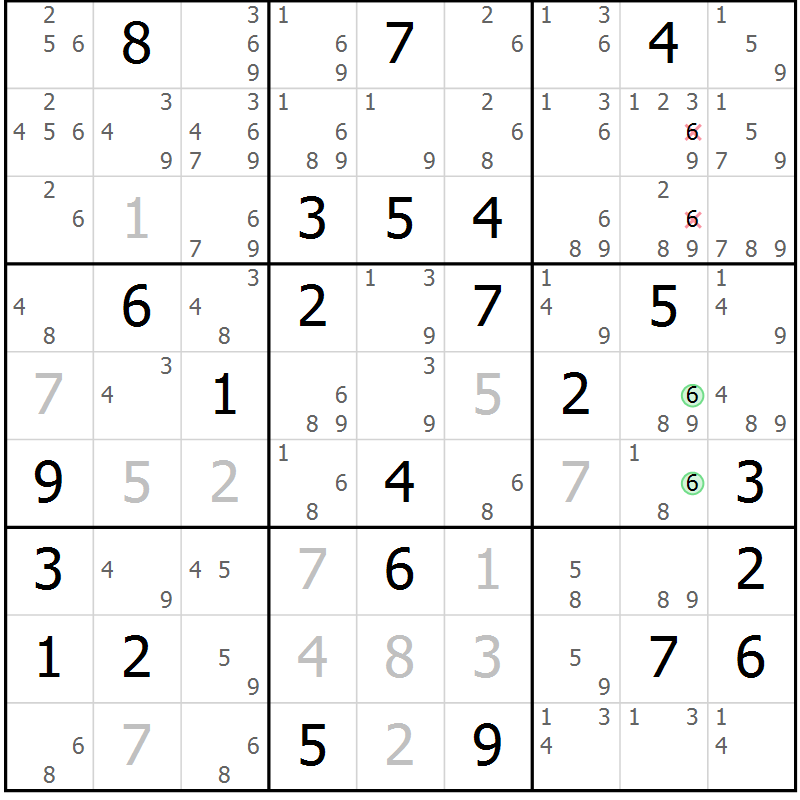 Position des candidats pour la solution de la Gr 73 page 76 du magazine de sudoku Sudoku Suprême n° 039