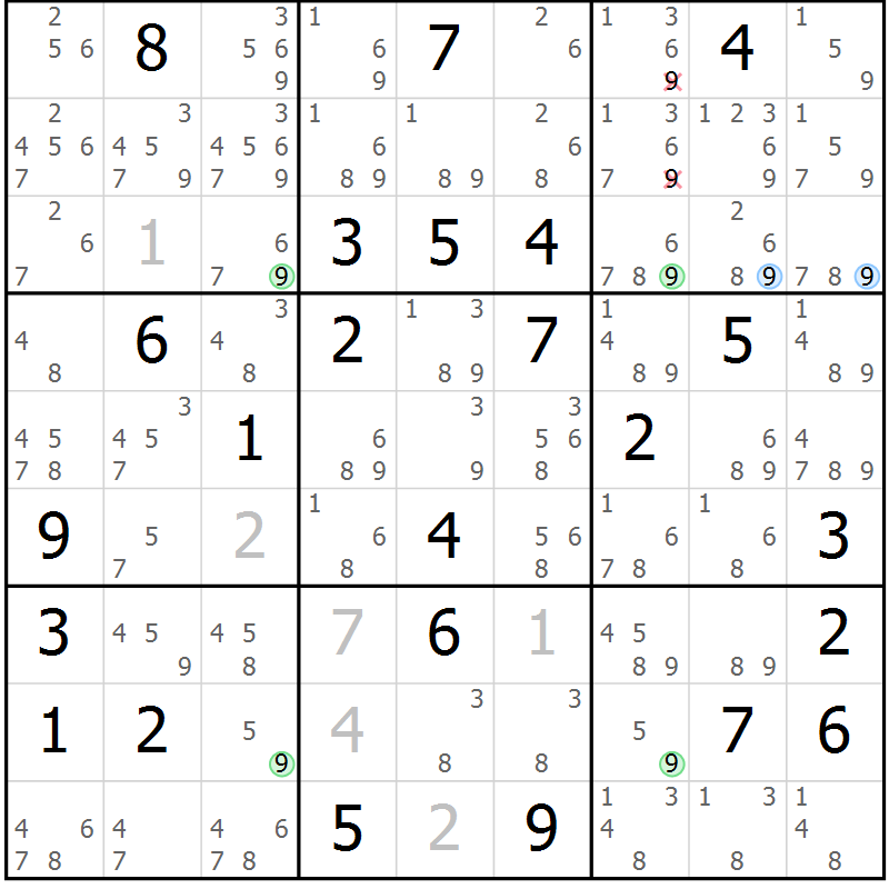 Position des candidats pour la solution de la Gr 73 page 76 du magazine de sudoku Sudoku Suprême n° 039