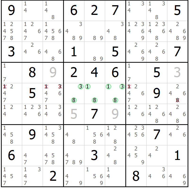 Position des candidats pour la solution de la Gr 74 page 77 du magazine de sudoku Sudoku Suprême n° 039