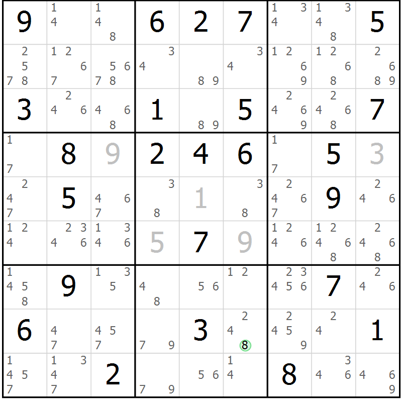 Position des candidats pour la solution de la Gr 74 page 77 du magazine de sudoku Sudoku Suprême n° 039