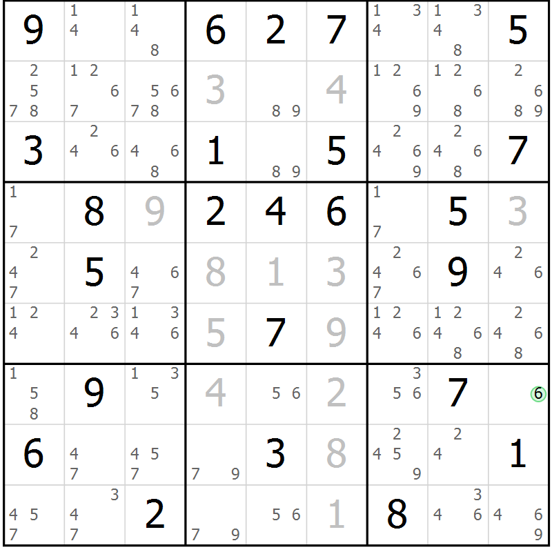 Position des candidats pour la solution de la Gr 74 page 77 du magazine de sudoku Sudoku Suprême n° 039