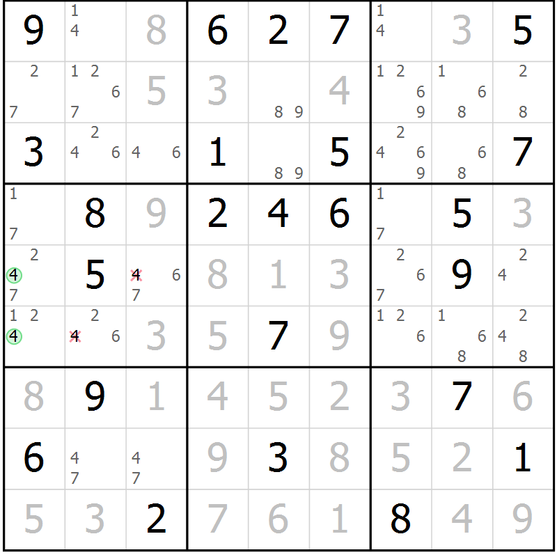 Position des candidats pour la solution de la Gr 74 page 77 du magazine de sudoku Sudoku Suprême n° 039