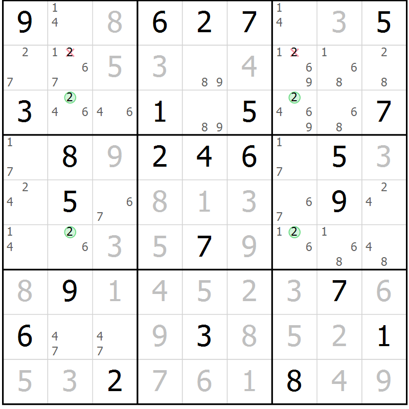 Position des candidats pour la solution de la Gr 74 page 77 du magazine de sudoku Sudoku Suprême n° 039