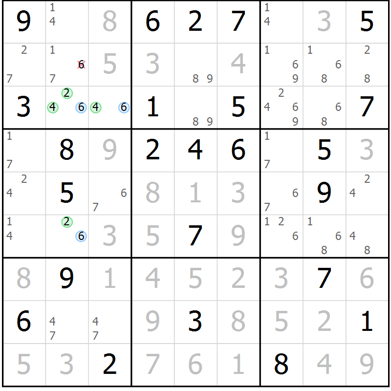 Position des candidats pour la solution de la Gr 74 page 77 du magazine de sudoku Sudoku Suprême n° 039