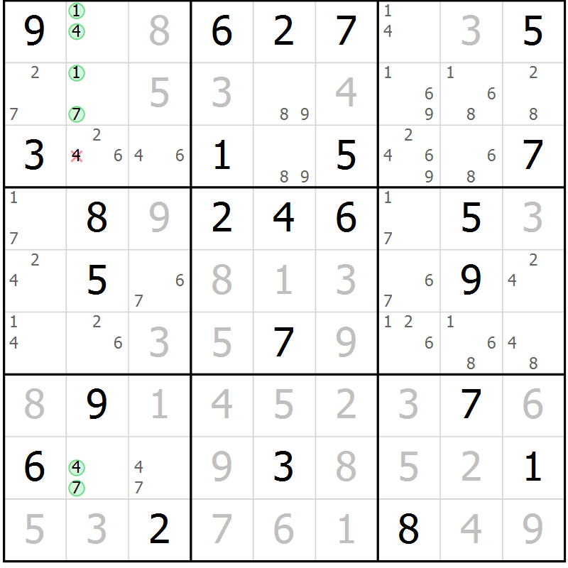 Position des candidats pour la solution de la Gr 74 page 77 du magazine de sudoku Sudoku Suprême n° 039