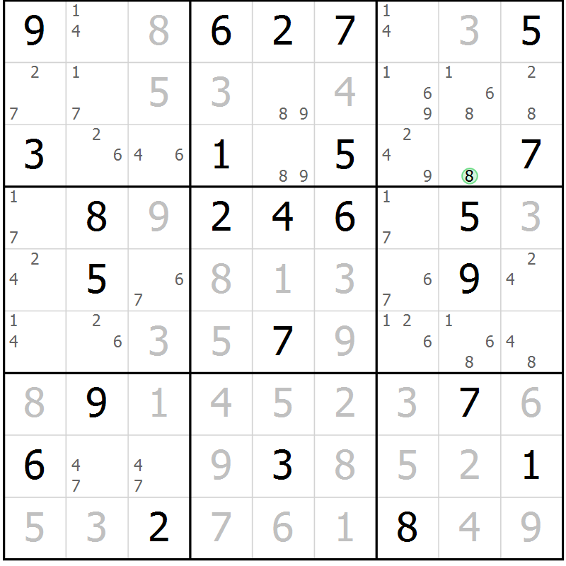 Position des candidats pour la solution de la Gr 74 page 77 du magazine de sudoku Sudoku Suprême n° 039