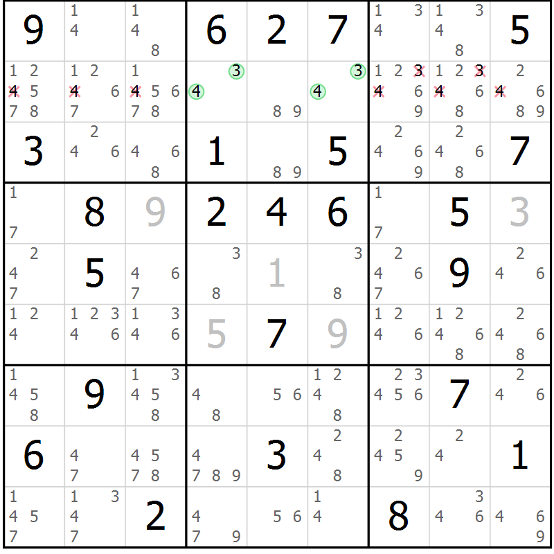 Position des candidats pour la solution de la Gr 74 page 77 du magazine de sudoku Sudoku Suprême n° 039