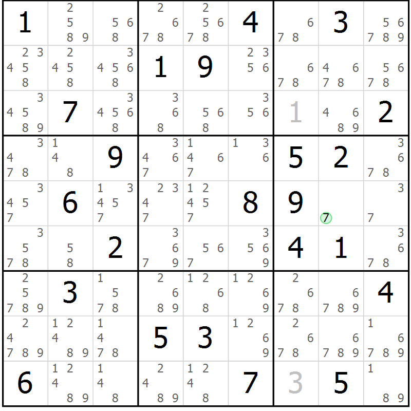 Position des candidats pour la solution de la Gr 75 page 78 du magazine de sudoku Sudoku Suprême n° 039