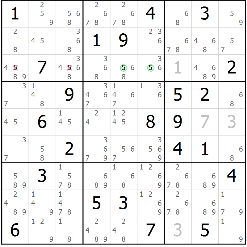 Position des candidats pour la solution de la Gr 75 page 78 du magazine de sudoku Sudoku Suprême n° 039