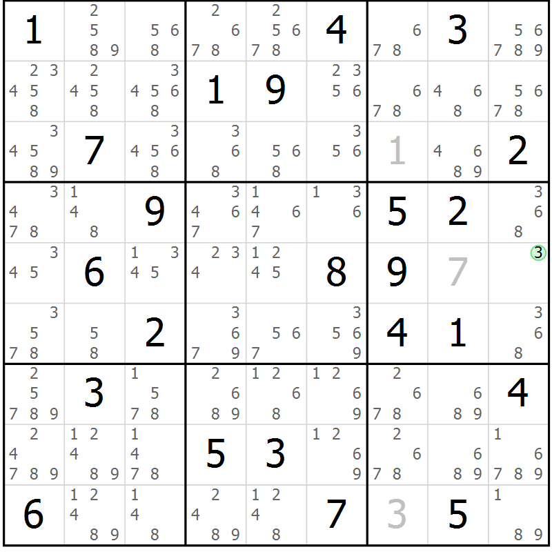 Position des candidats pour la solution de la Gr 75 page 78 du magazine de sudoku Sudoku Suprême n° 039