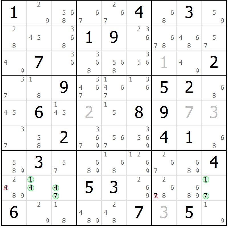 Position des candidats pour la solution de la Gr 75 page 78 du magazine de sudoku Sudoku Suprême n° 039