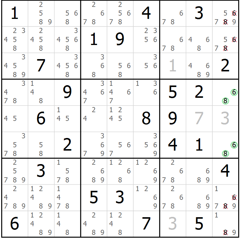 Position des candidats pour la solution de la Gr 75 page 78 du magazine de sudoku Sudoku Suprême n° 039