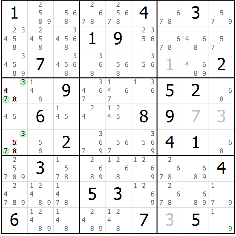 Position des candidats pour la solution de la Gr 75 page 78 du magazine de sudoku Sudoku Suprême n° 039