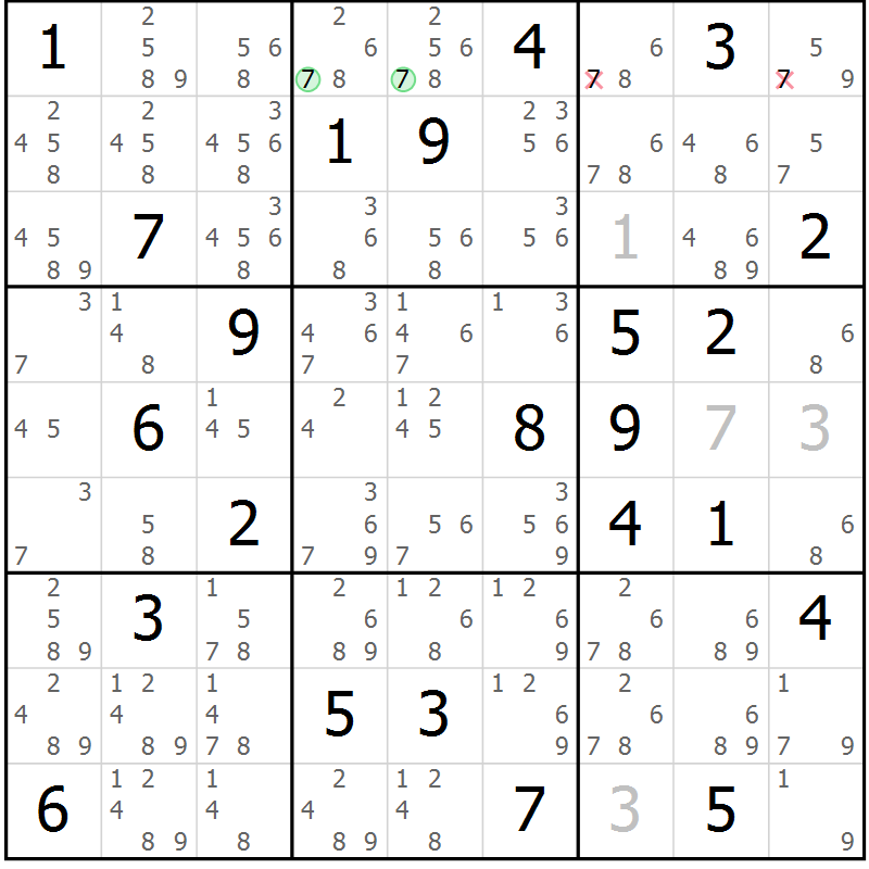 Position des candidats pour la solution de la Gr 75 page 78 du magazine de sudoku Sudoku Suprême n° 039