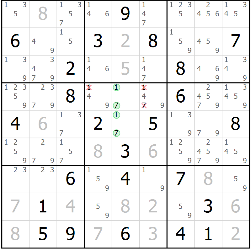Position des candidats pour la solution de la Gr 76 page 79 du magazine de sudoku Sudoku Suprême n° 039