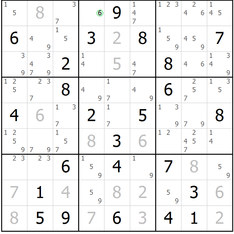 Position des candidats pour la solution de la Gr 76 page 79 du magazine de sudoku Sudoku Suprême n° 039