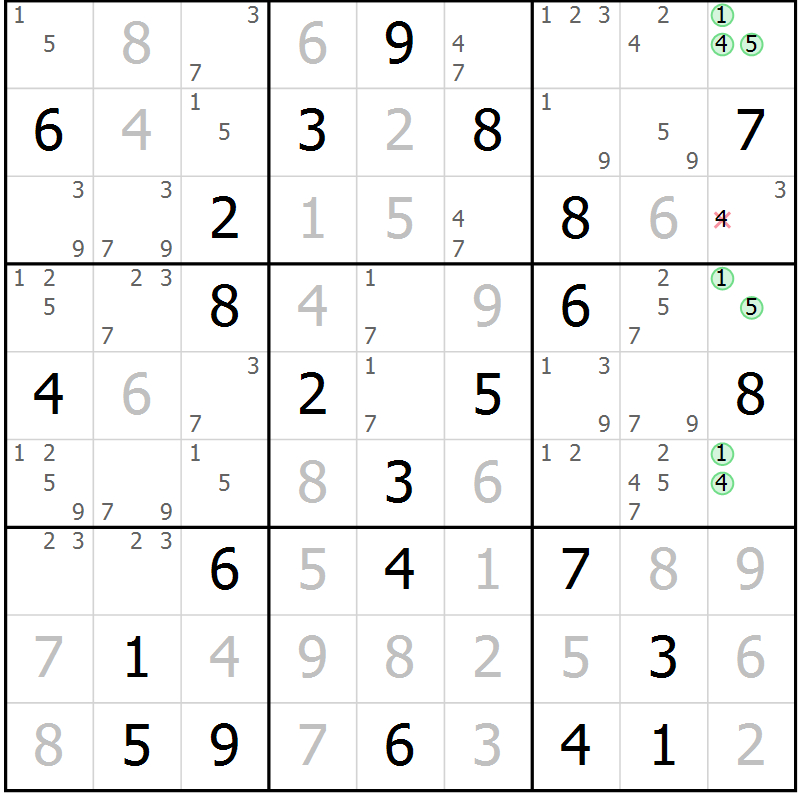 Position des candidats pour la solution de la Gr 76 page 79 du magazine de sudoku Sudoku Suprême n° 039