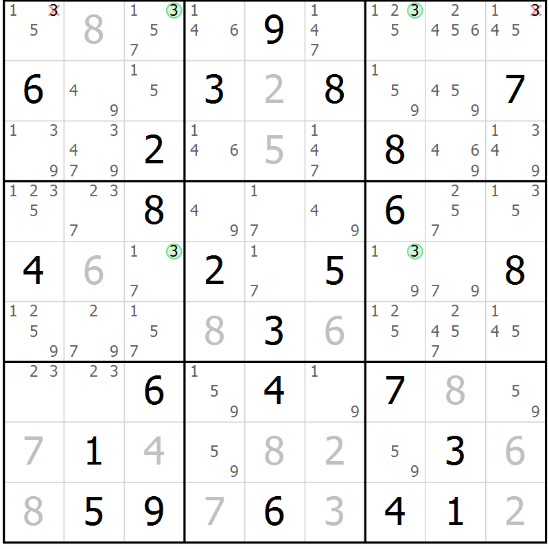 Position des candidats pour la solution de la Gr 76 page 79 du magazine de sudoku Sudoku Suprême n° 039