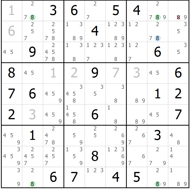 Position des candidats pour la solution de la Gr 77 page 80 du magazine de sudoku Sudoku Suprême n° 039