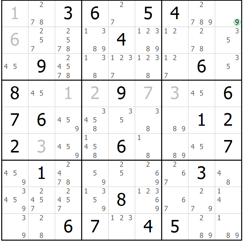 Position des candidats pour la solution de la Gr 77 page 80 du magazine de sudoku Sudoku Suprême n° 039