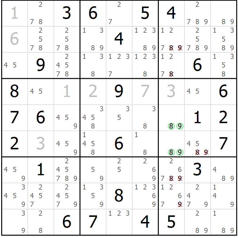 Position des candidats pour la solution de la Gr 77 page 80 du magazine de sudoku Sudoku Suprême n° 039