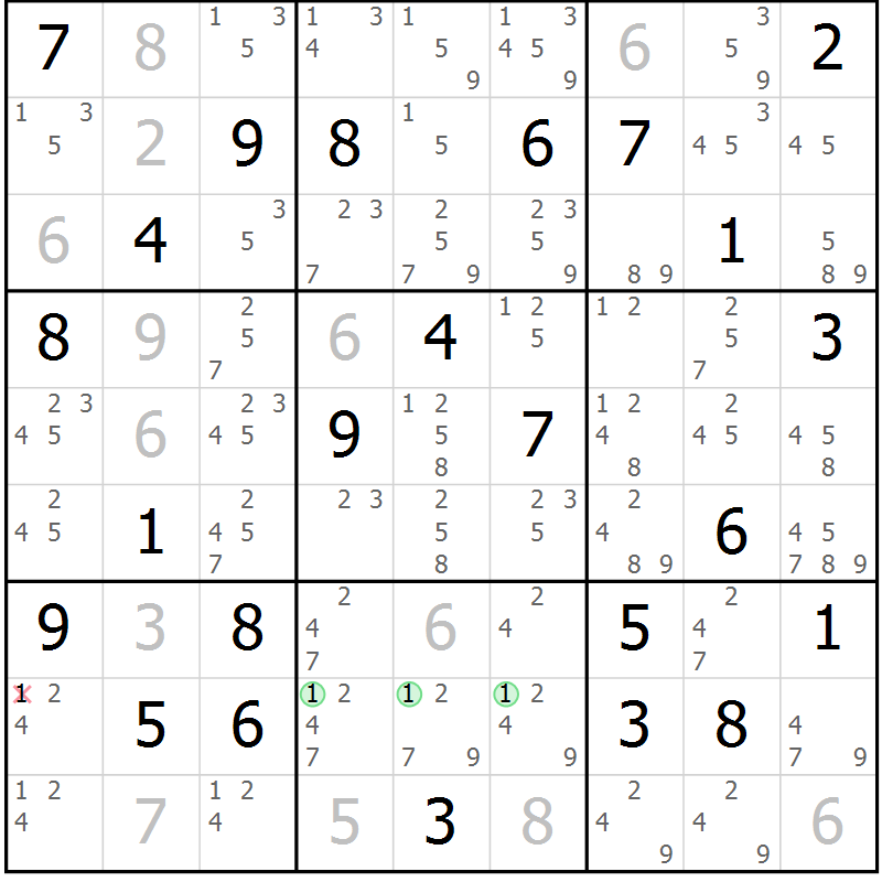Position des candidats pour la solution de la Gr 78 page 81 du magazine de sudoku Sudoku Suprême n° 039