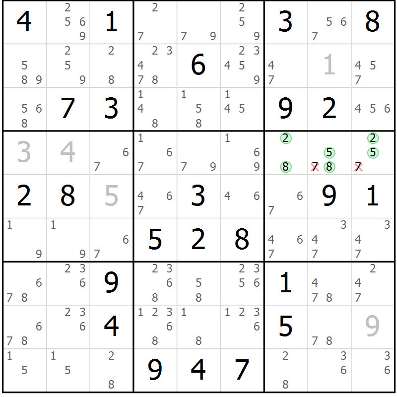 Position des candidats pour la solution de la Gr 79 page 82 du magazine de sudoku Sudoku Suprême n° 039