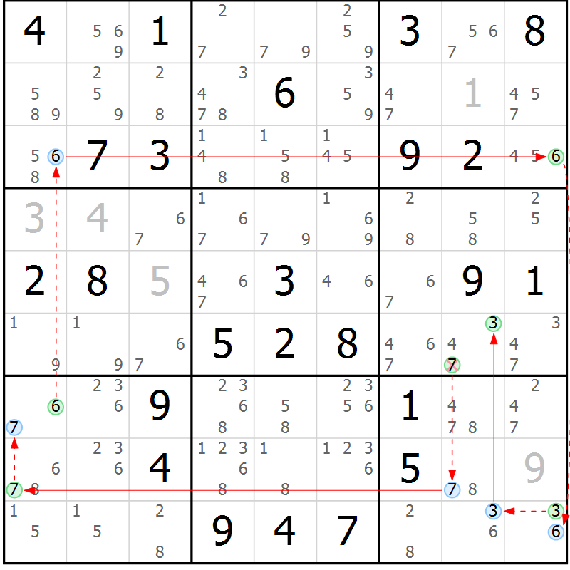 Position des candidats pour la solution de la Gr 79 page 82 du magazine de sudoku Sudoku Suprême n° 039