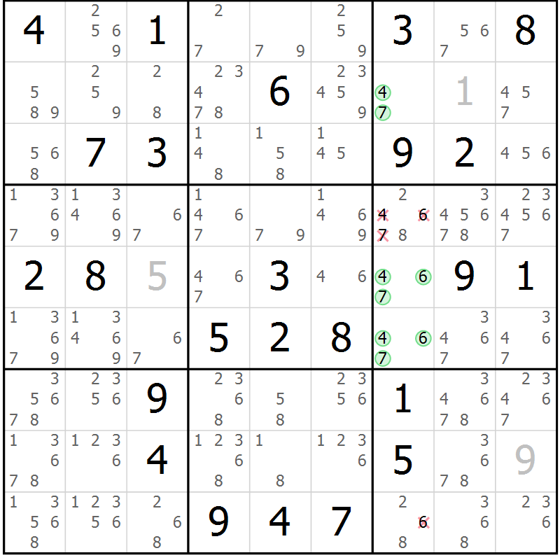 Position des candidats pour la solution de la Gr 79 page 82 du magazine de sudoku Sudoku Suprême n° 039