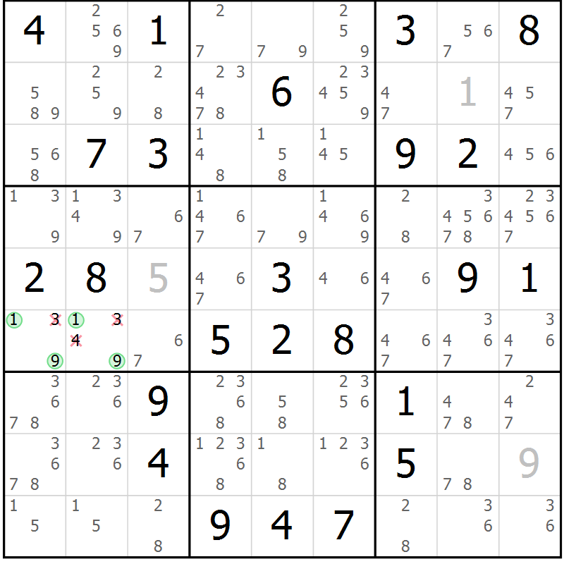 Position des candidats pour la solution de la Gr 79 page 82 du magazine de sudoku Sudoku Suprême n° 039
