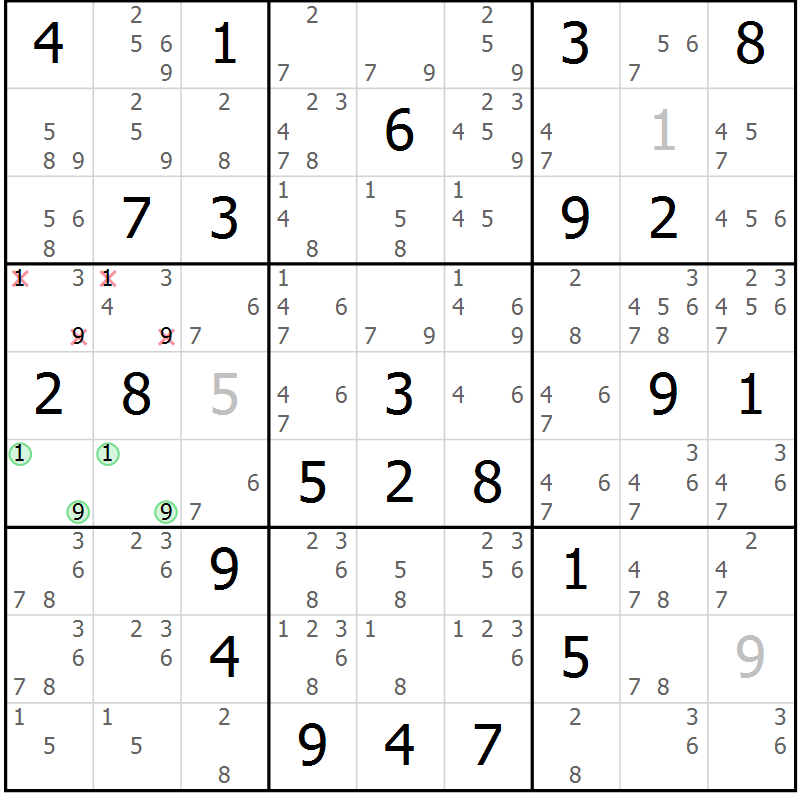 Position des candidats pour la solution de la Gr 79 page 82 du magazine de sudoku Sudoku Suprême n° 039