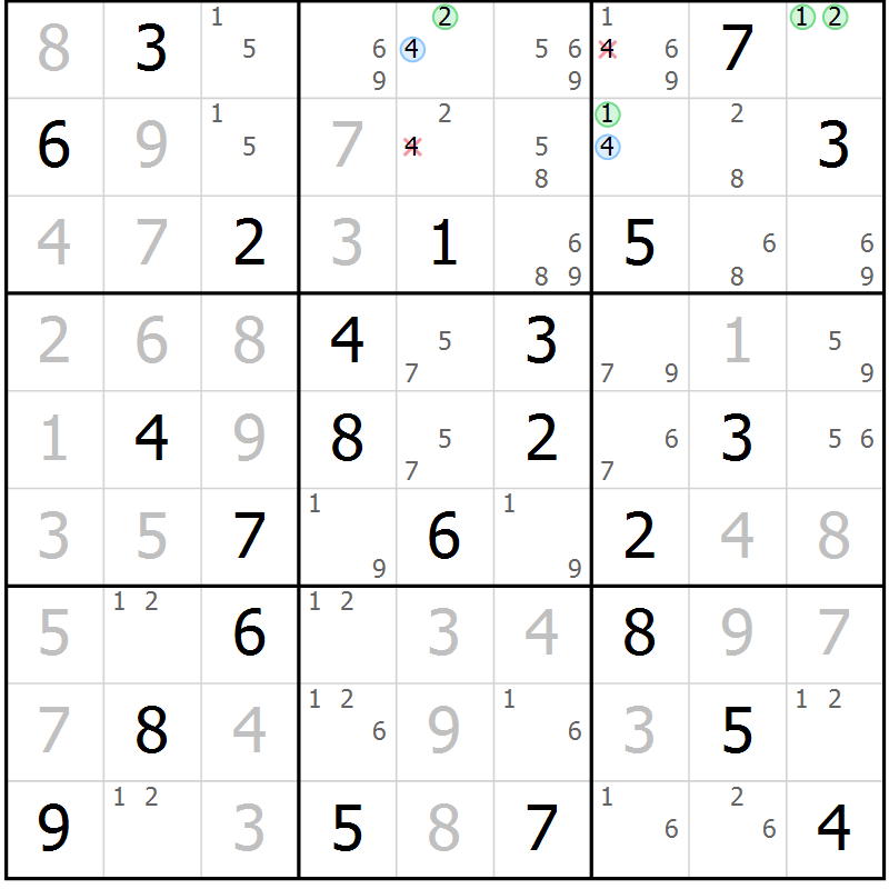 Position des candidats pour la solution de la Gr 80 page 83 du magazine de sudoku Sudoku Suprême n° 039