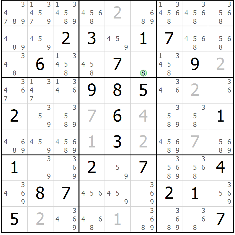 Position des candidats pour la solution de la Gr 81 page 84 du magazine de sudoku Sudoku Suprême n° 039