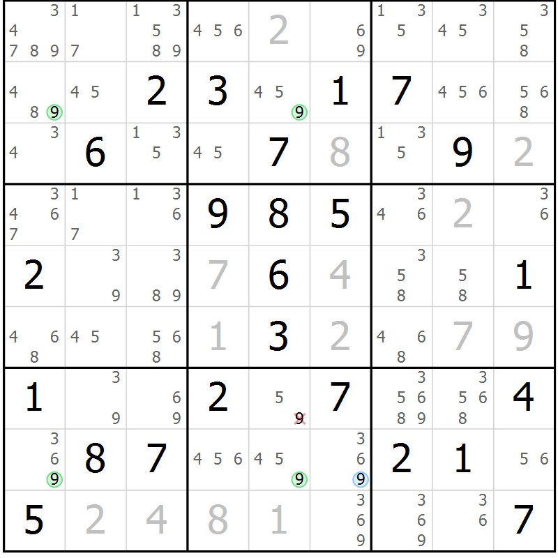 Position des candidats pour la solution de la Gr 81 page 84 du magazine de sudoku Sudoku Suprême n° 039