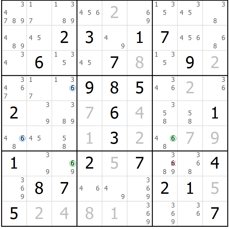 Position des candidats pour la solution de la Gr 81 page 84 du magazine de sudoku Sudoku Suprême n° 039