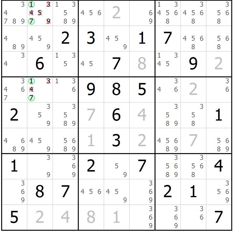 Position des candidats pour la solution de la Gr 81 page 84 du magazine de sudoku Sudoku Suprême n° 039