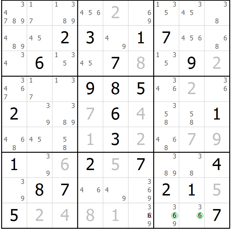 Position des candidats pour la solution de la Gr 81 page 84 du magazine de sudoku Sudoku Suprême n° 039