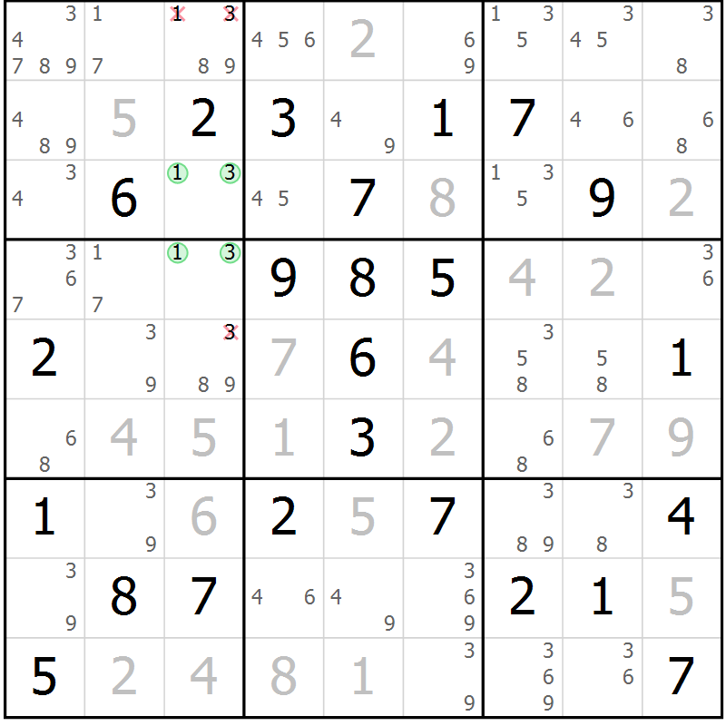 Position des candidats pour la solution de la Gr 81 page 84 du magazine de sudoku Sudoku Suprême n° 039
