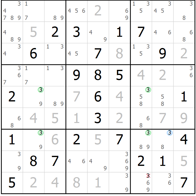 Position des candidats pour la solution de la Gr 81 page 84 du magazine de sudoku Sudoku Suprême n° 039