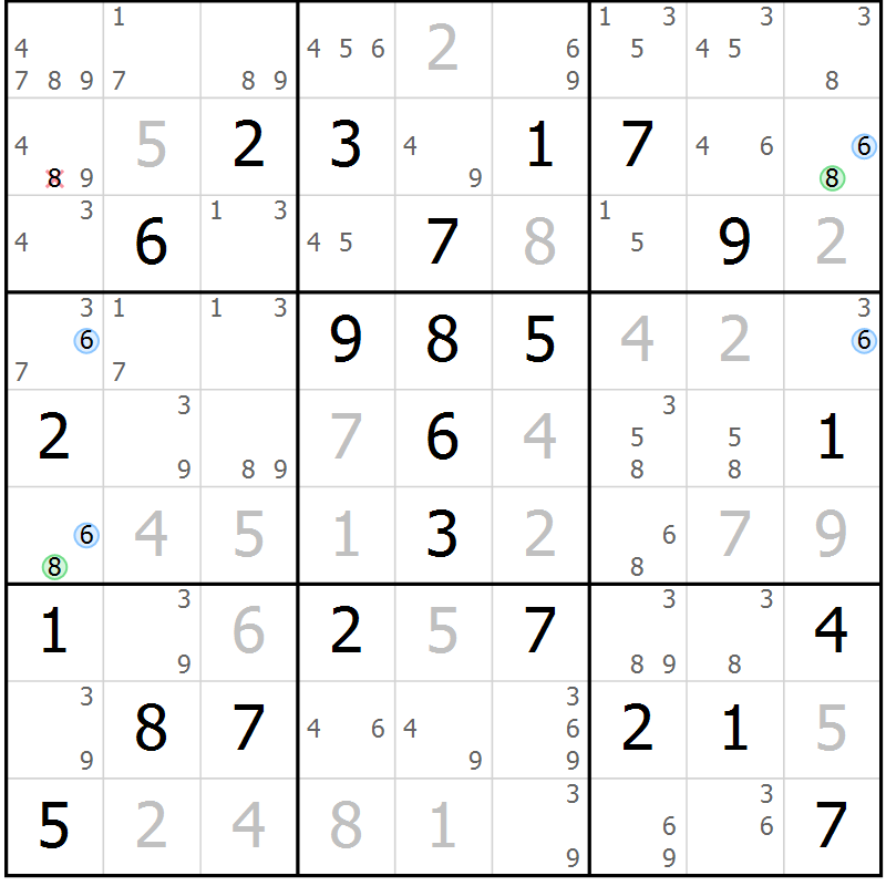 Position des candidats pour la solution de la Gr 81 page 84 du magazine de sudoku Sudoku Suprême n° 039