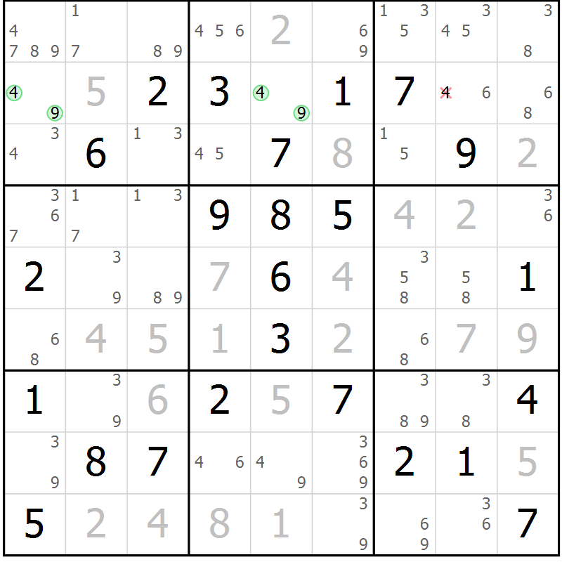 Position des candidats pour la solution de la Gr 81 page 84 du magazine de sudoku Sudoku Suprême n° 039