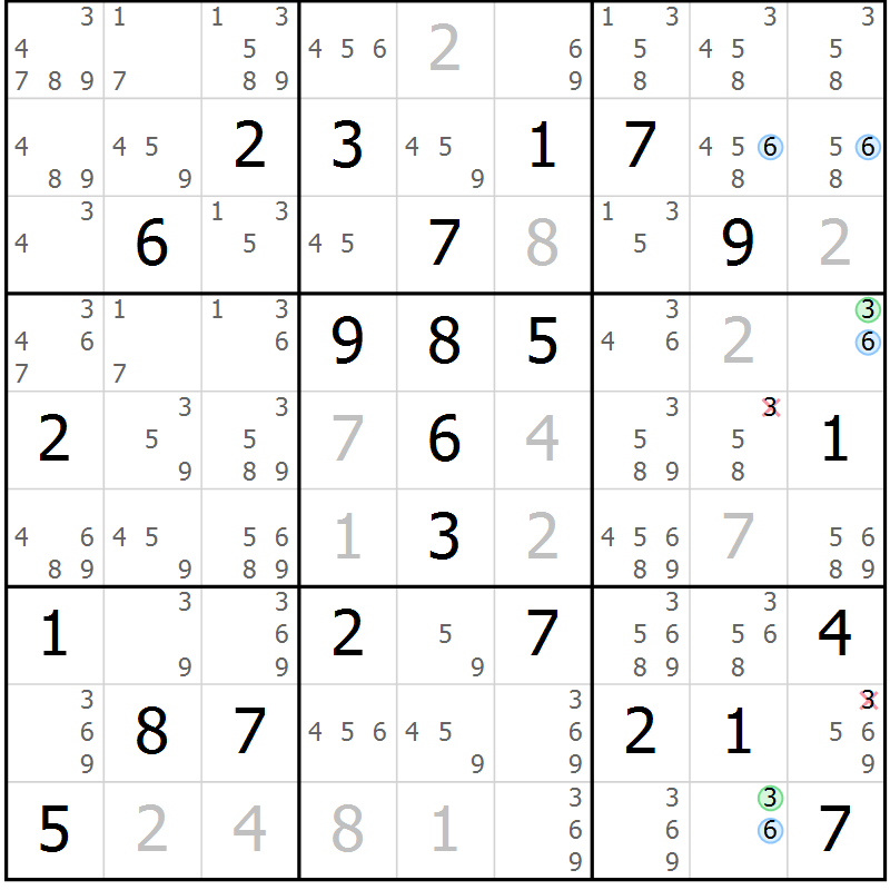 Position des candidats pour la solution de la Gr 81 page 84 du magazine de sudoku Sudoku Suprême n° 039
