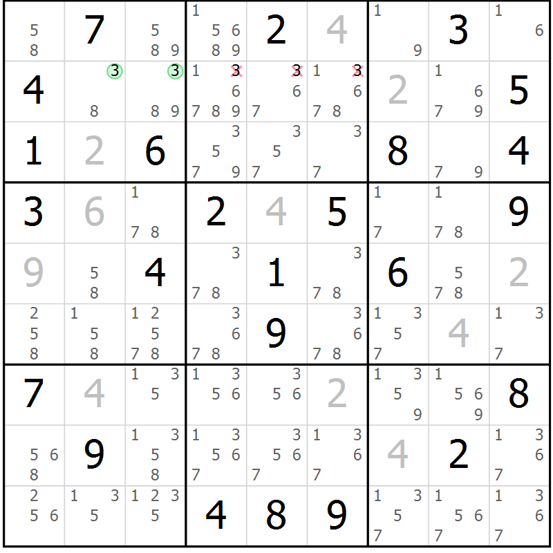 Position des candidats pour la solution de la Gr 82 page 85 du magazine de sudoku Sudoku Suprême n° 039