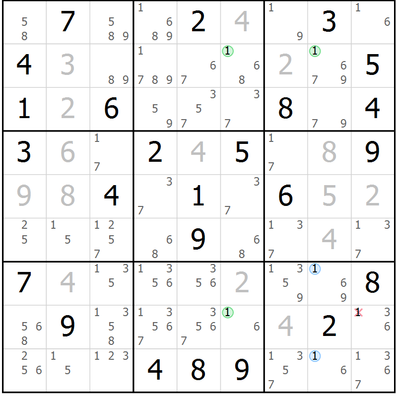 Position des candidats pour la solution de la Gr 82 page 85 du magazine de sudoku Sudoku Suprême n° 039