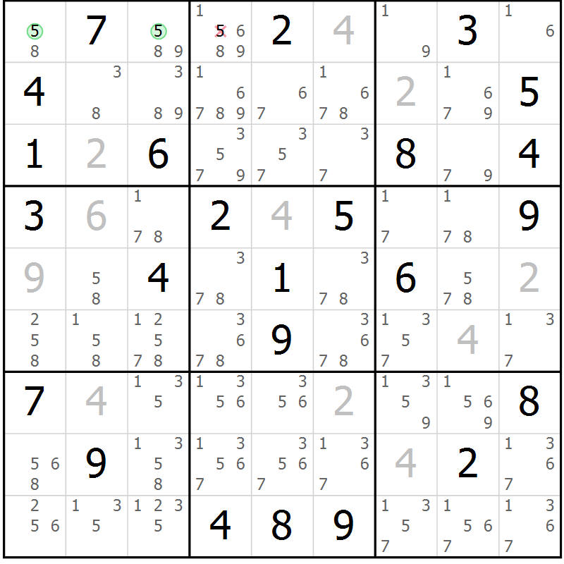 Position des candidats pour la solution de la Gr 82 page 85 du magazine de sudoku Sudoku Suprême n° 039