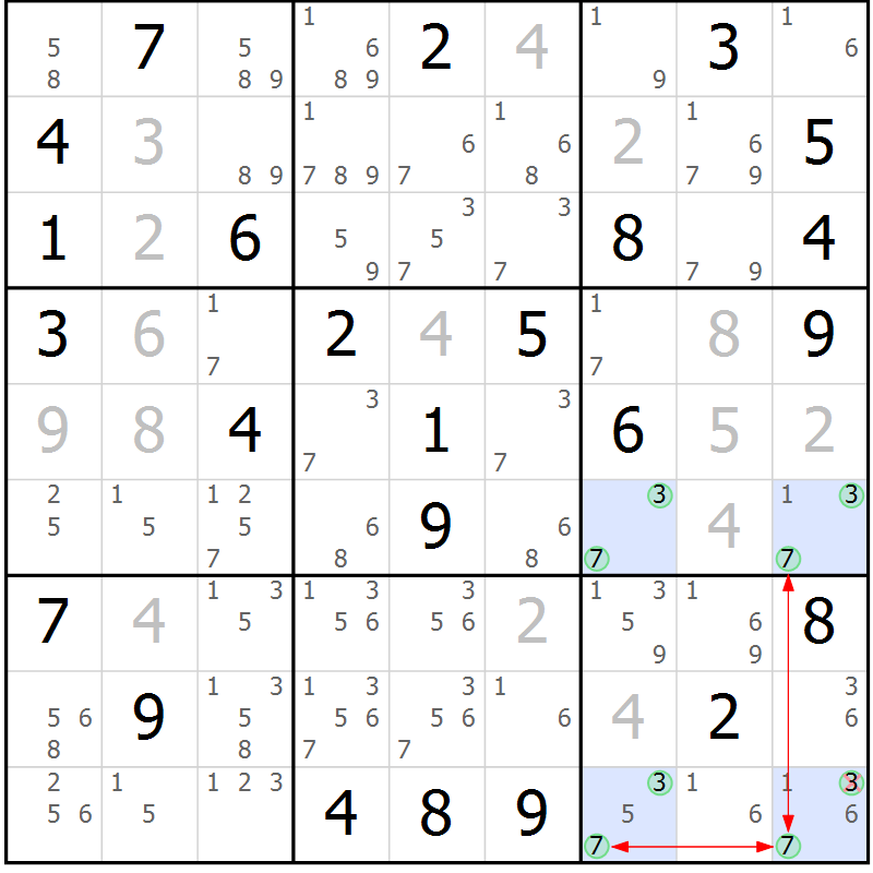 Position des candidats pour la solution de la Gr 82 page 85 du magazine de sudoku Sudoku Suprême n° 039