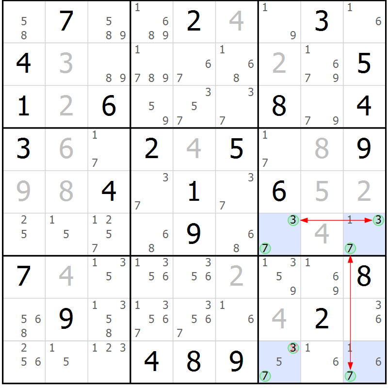 Position des candidats pour la solution de la Gr 82 page 85 du magazine de sudoku Sudoku Suprême n° 039
