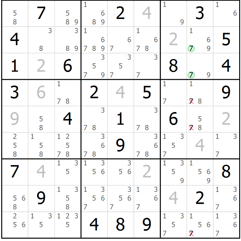 Position des candidats pour la solution de la Gr 82 page 85 du magazine de sudoku Sudoku Suprême n° 039