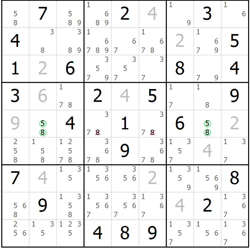 Position des candidats pour la solution de la Gr 82 page 85 du magazine de sudoku Sudoku Suprême n° 039