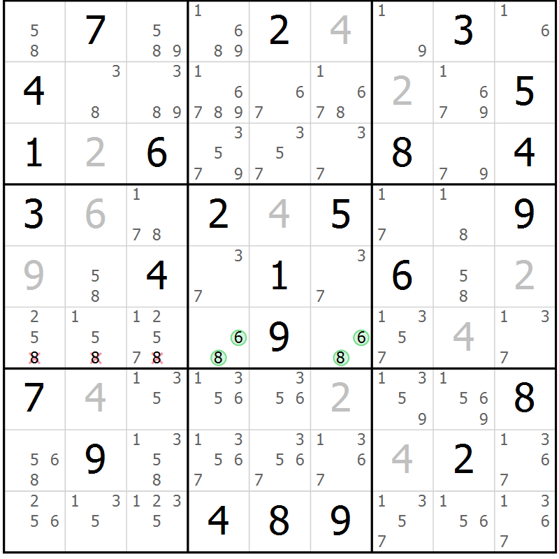 Position des candidats pour la solution de la Gr 82 page 85 du magazine de sudoku Sudoku Suprême n° 039